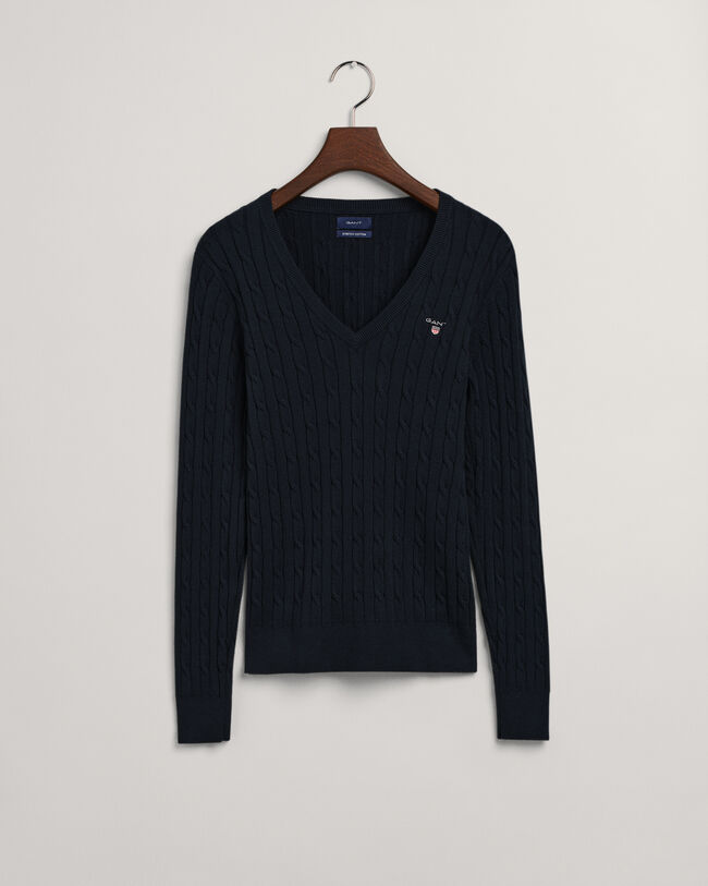 Kabelsweater af strækbomuld med V-hals