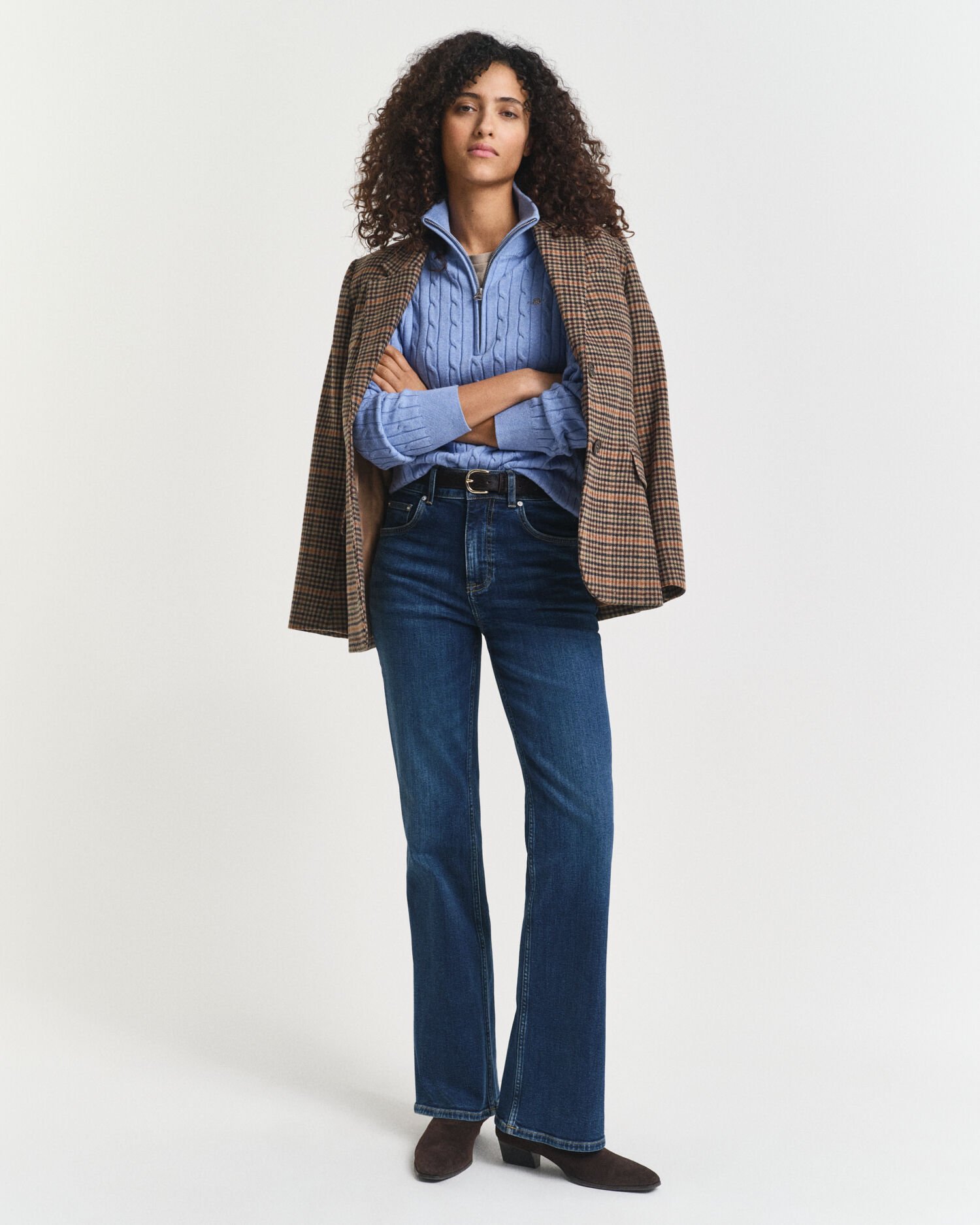 Kabelstrikket sweater med halv lynlås