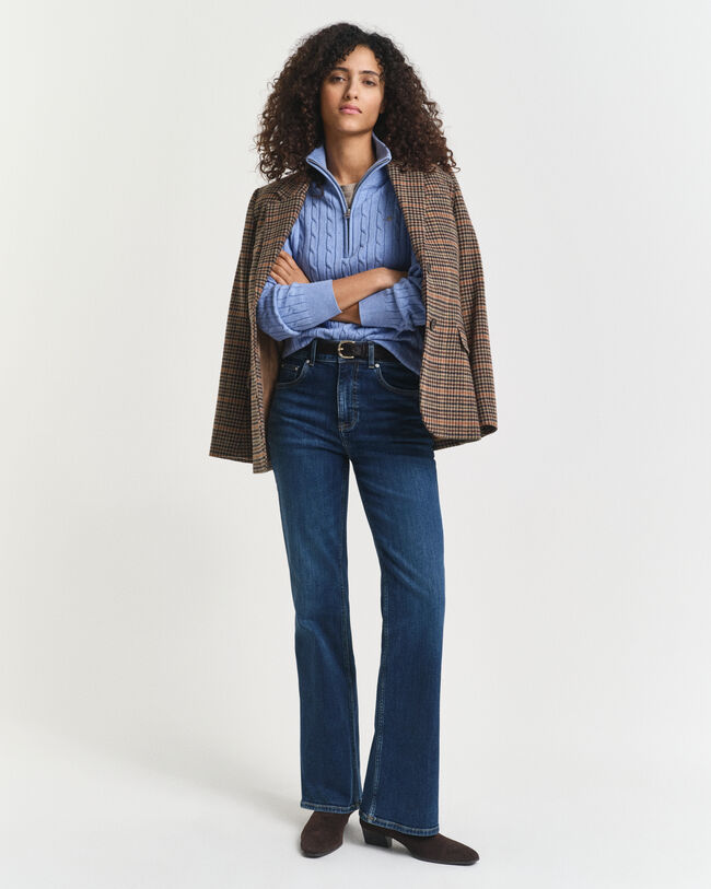 Kabelstrikket sweater af bomuld med stræk og halv lynlås