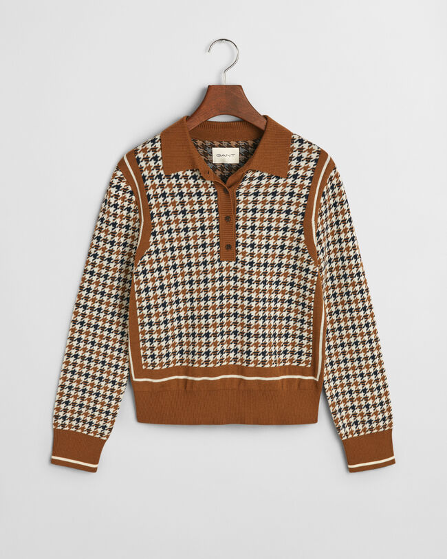 Polo sweater i houndstooth jacquard
