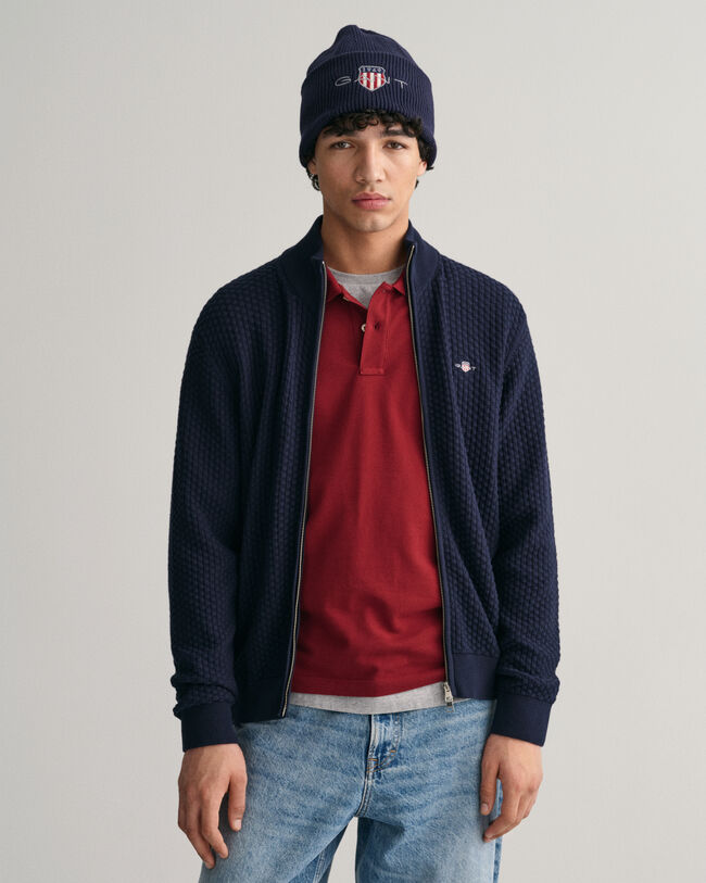 Tekstureret cardigan af bomuld med lynl&aring;s