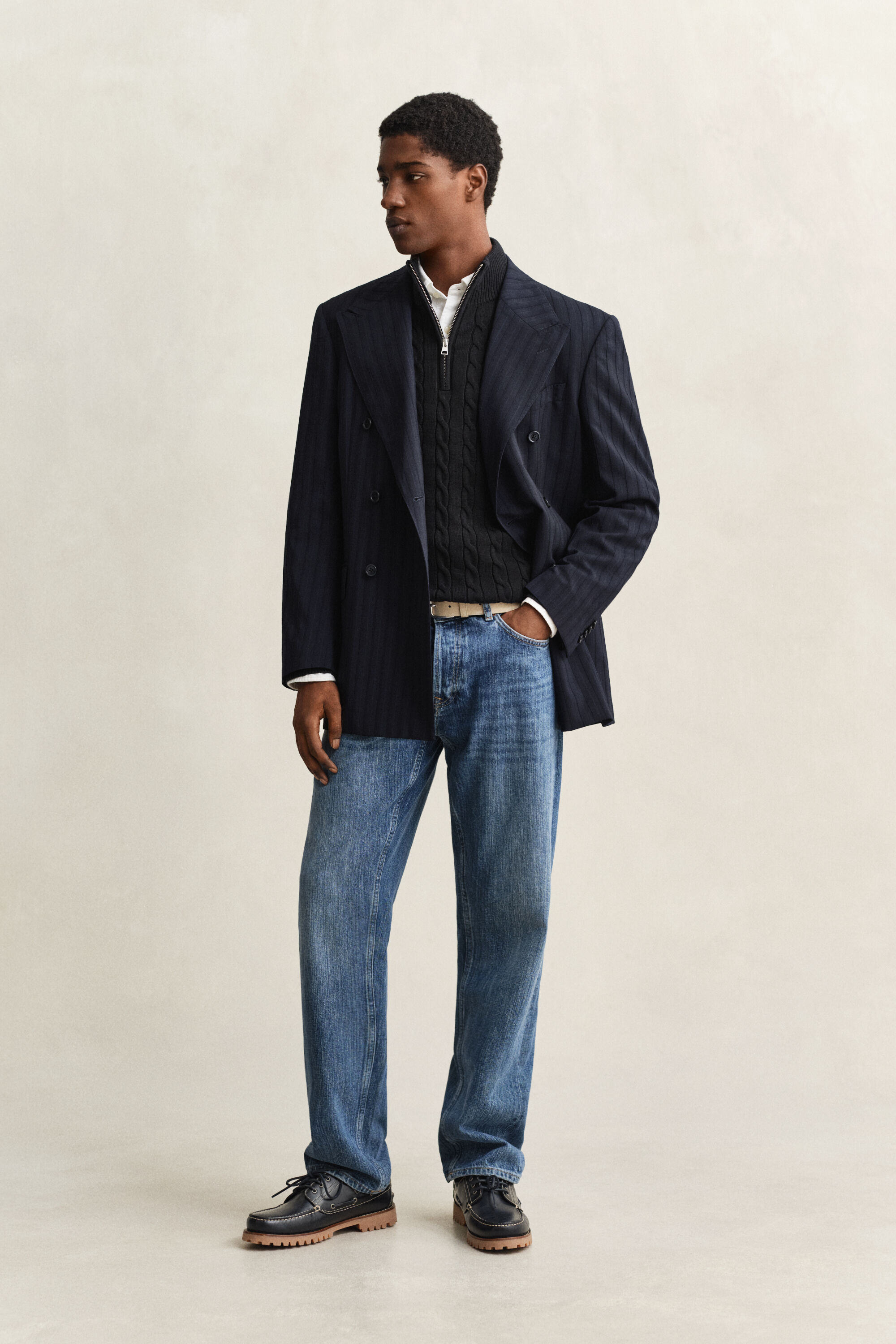 Kabelstrikket sweater af bomuld med halv lynlås