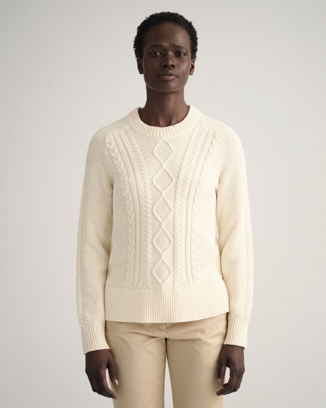 Crewneck sweater med kabelstrik