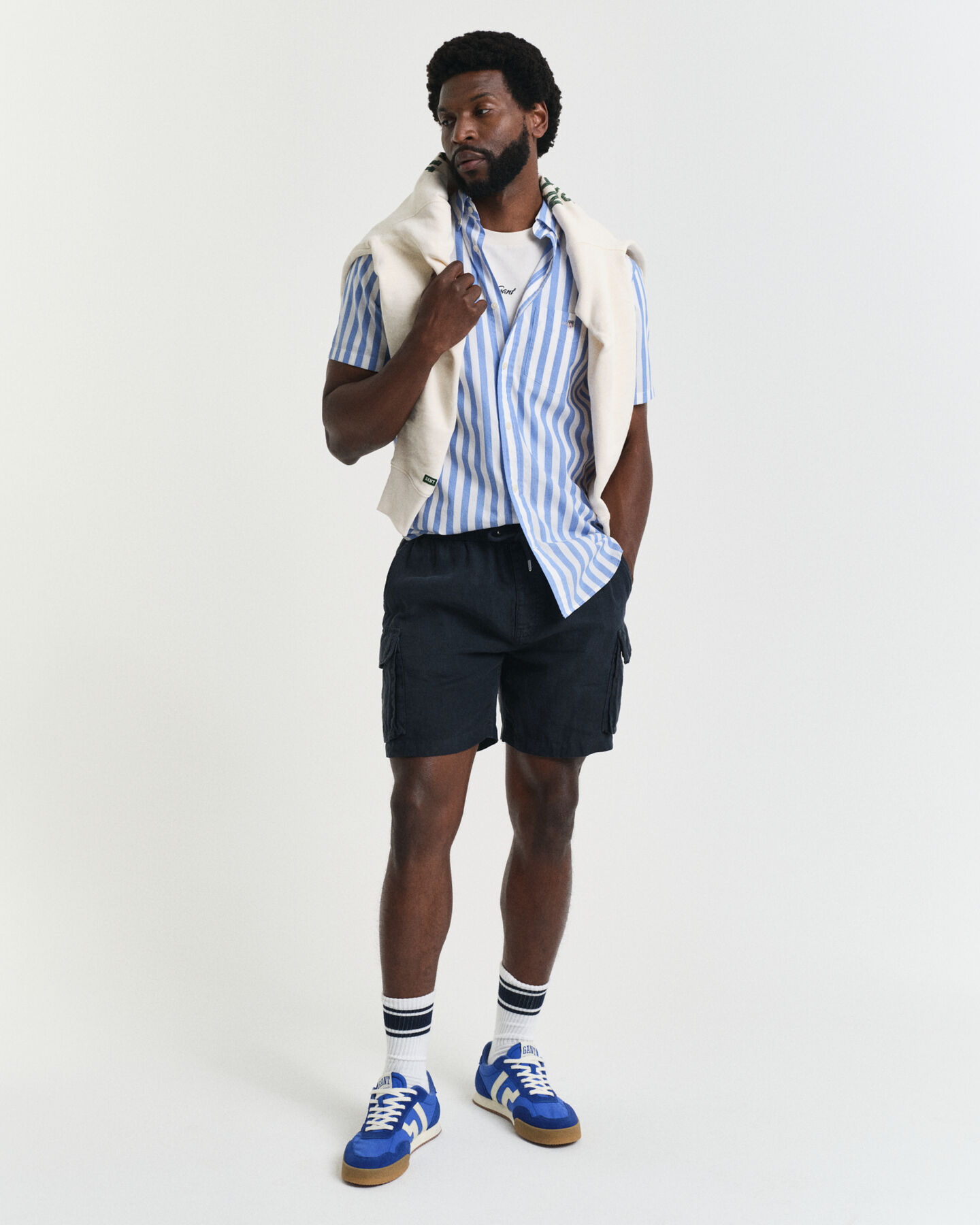 Regular fit stribet klassisk poplin-skjorte med korte ærmer