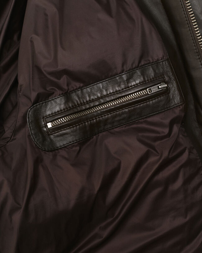 Pufferjakke i læder med gåsedun