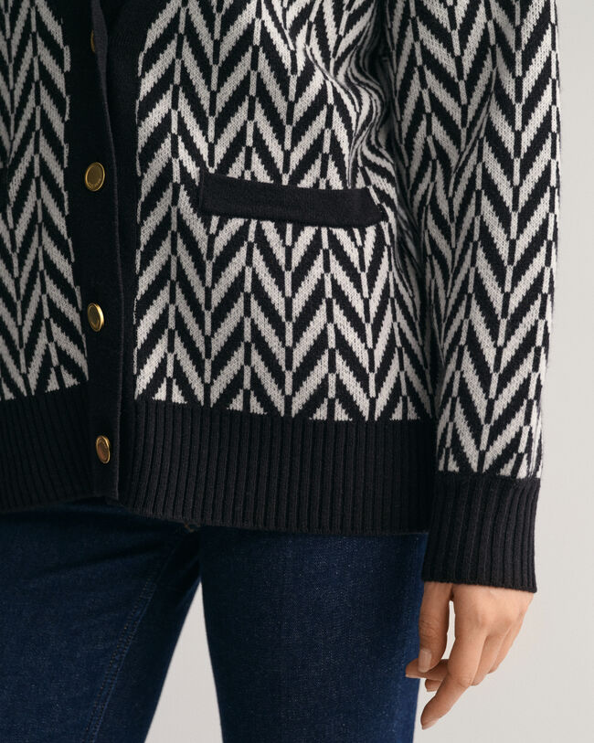 Flerfarvet sildebensm&oslash;nstret cardigan