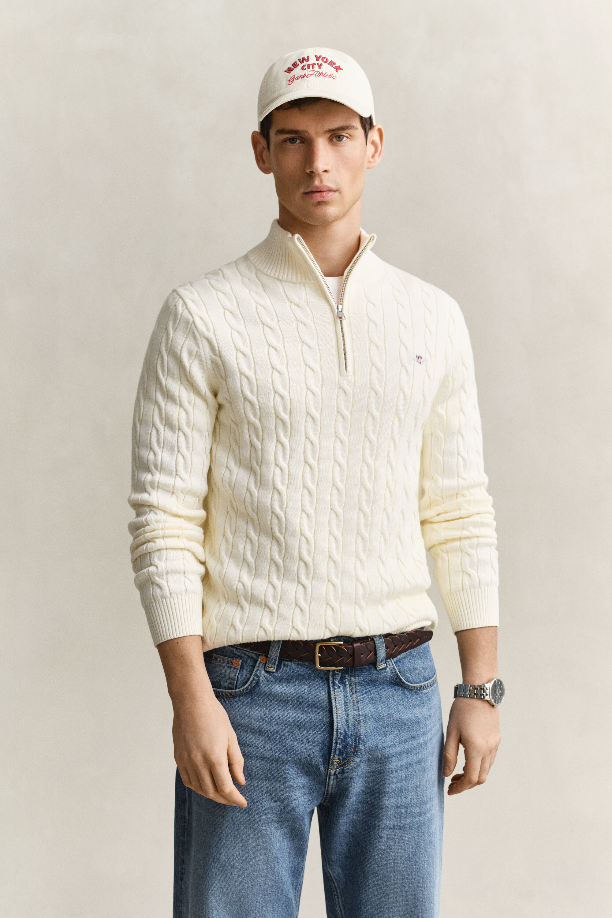Kabelstrikket sweater af bomuld med halv lynlås
