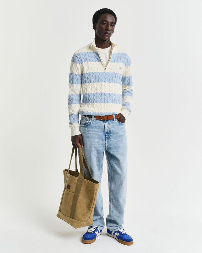 Stribet kabelstrikket sweater af bomuld med halv lynlås