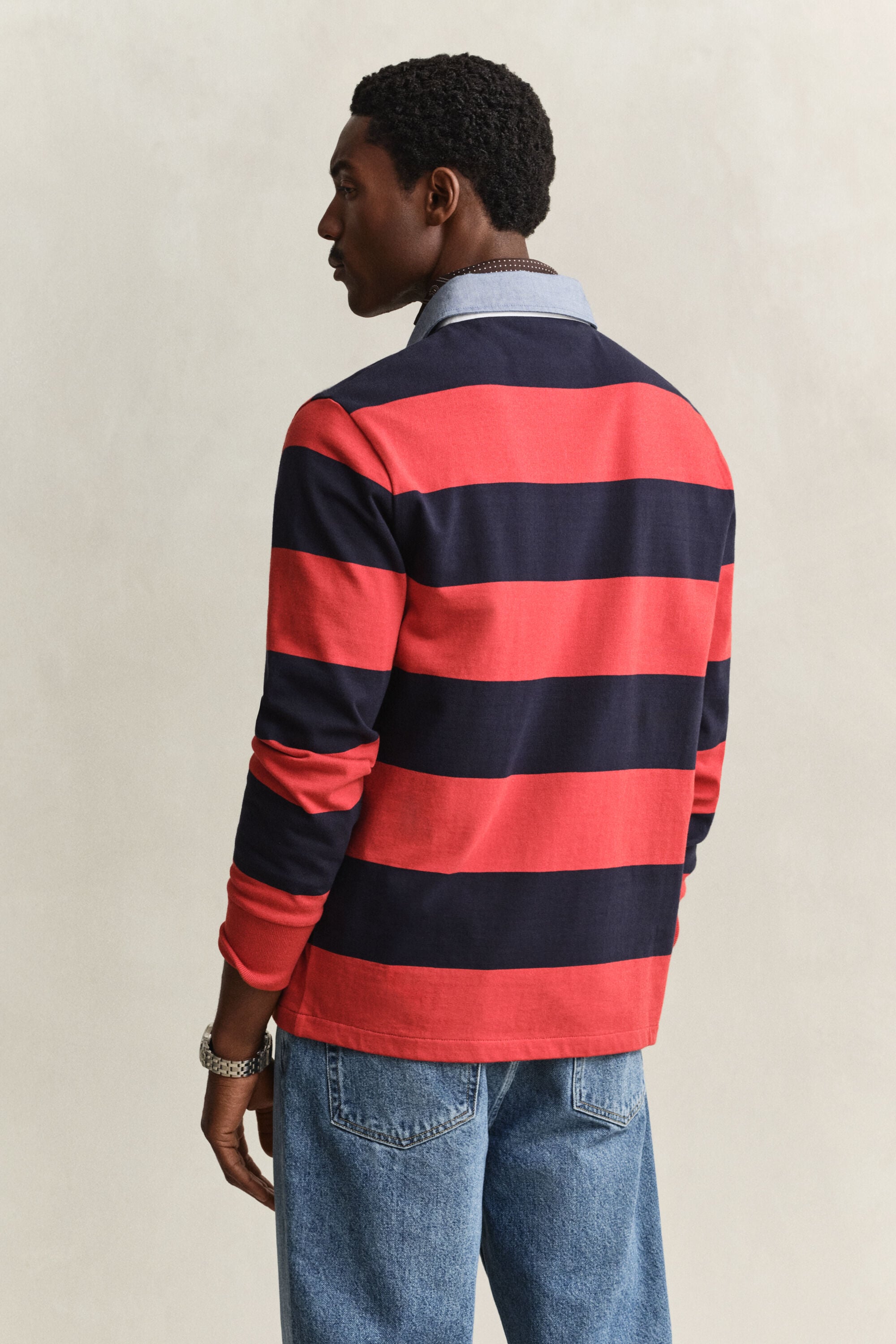 Stribet Heavy Rugger med krave i chambray