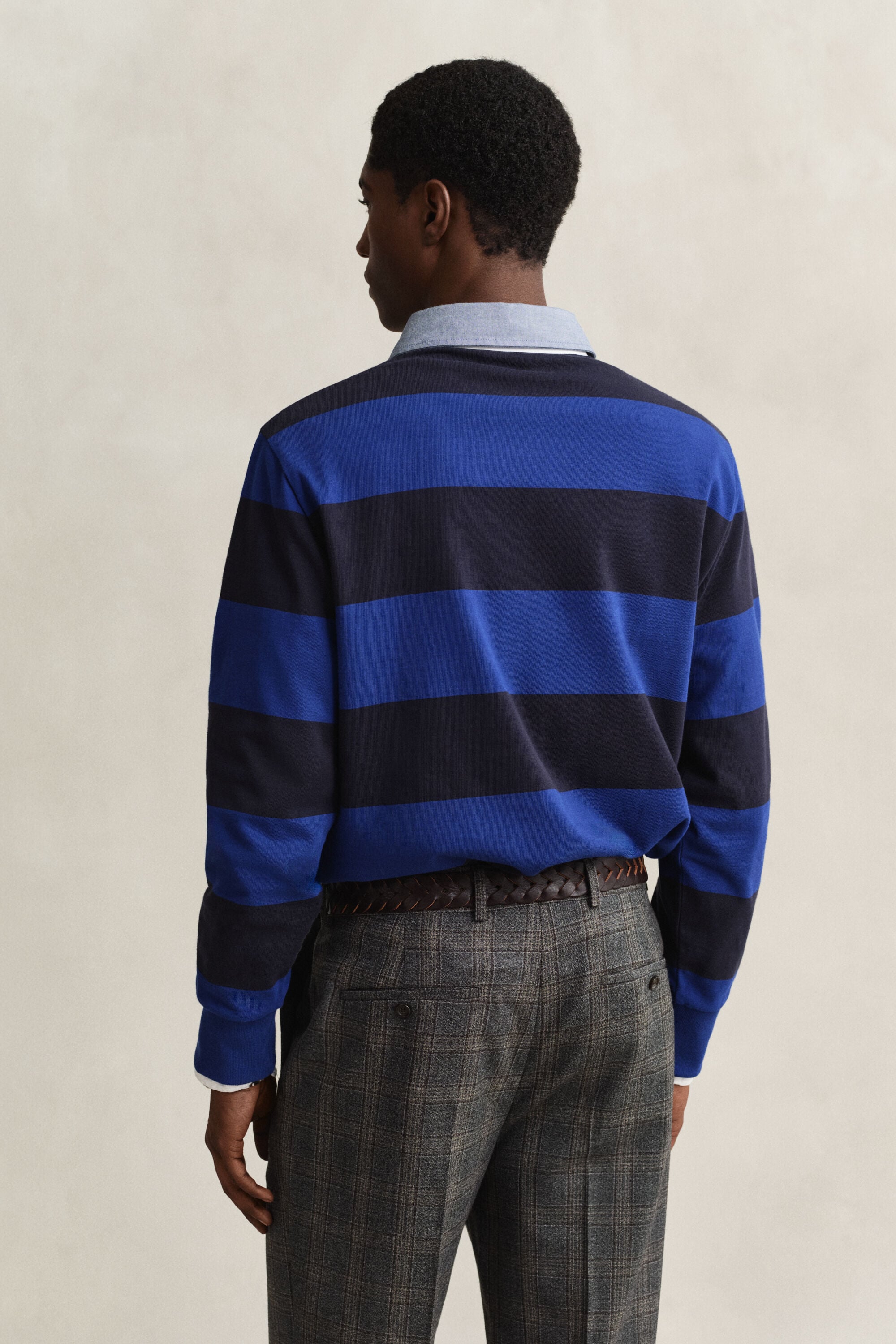 Stribet Heavy Rugger med krave i chambray