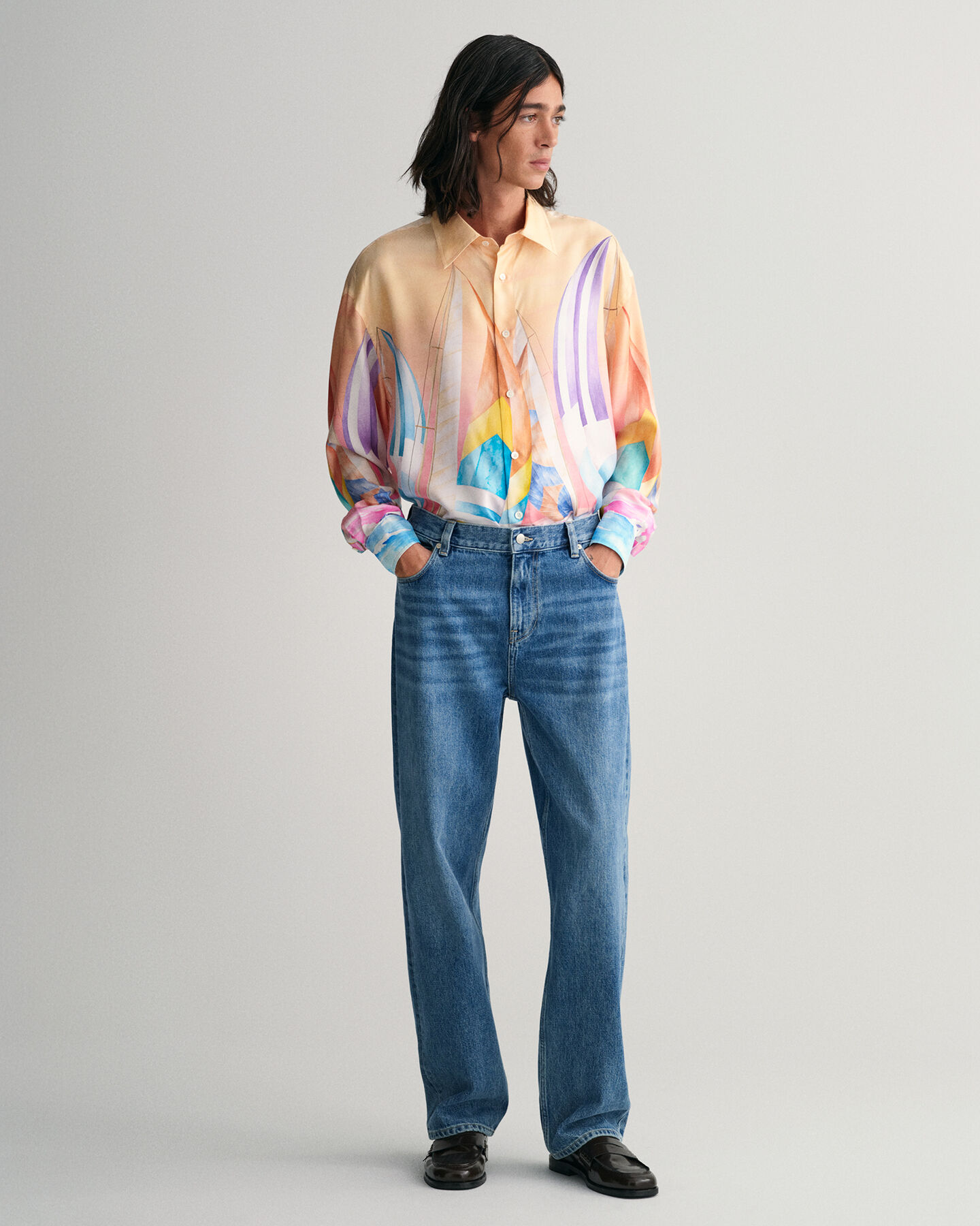 Oversized silkeskjorte med Sailing-tryk