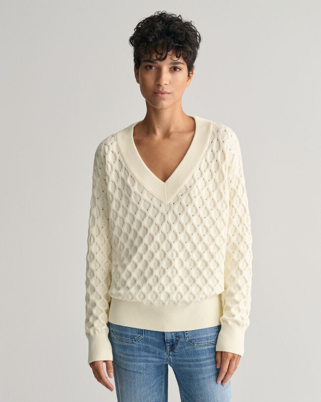 Tekstureret strikket sweater med V-hals