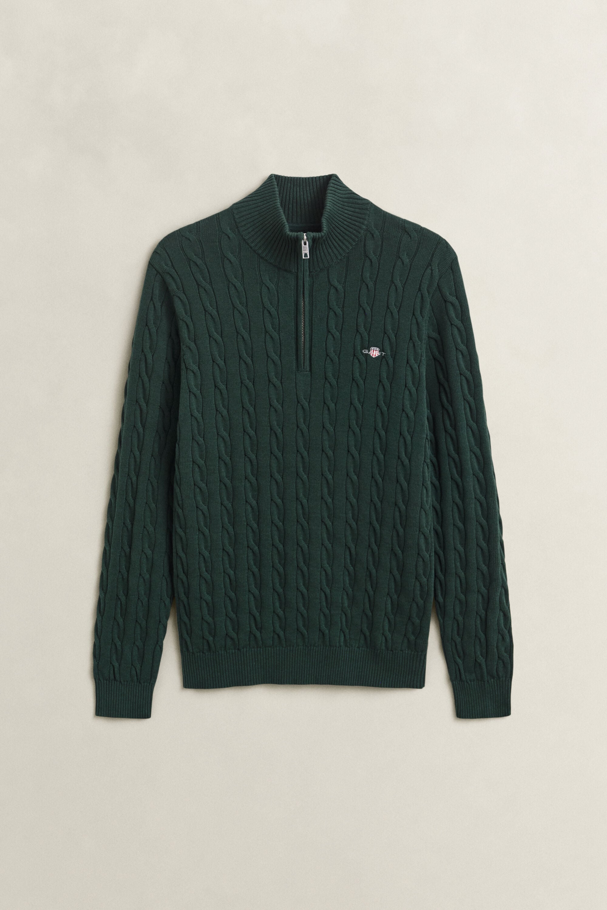 Kabelstrikket sweater af bomuld med halv lynlås