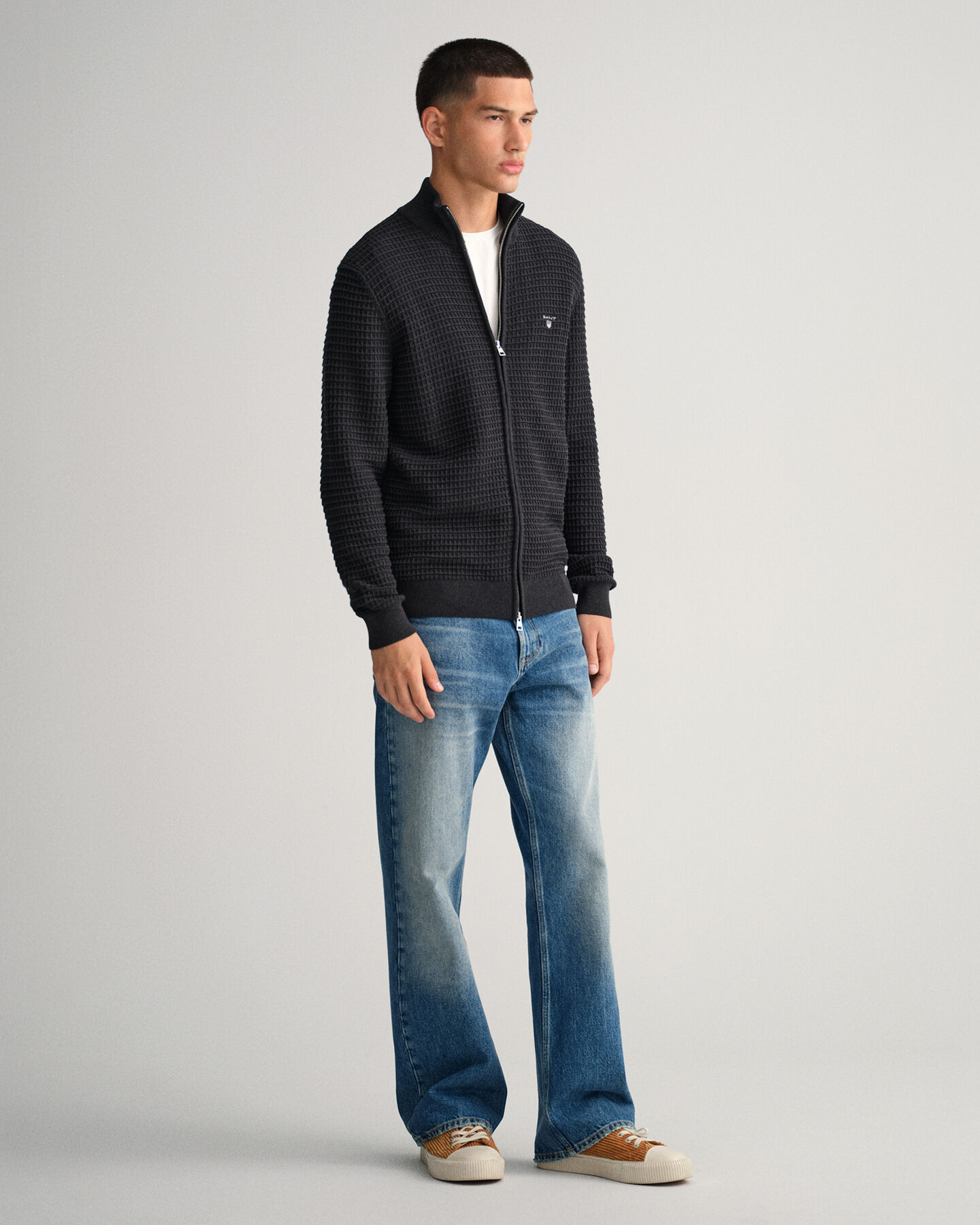 Texture bomuldssweater med hel lynlås