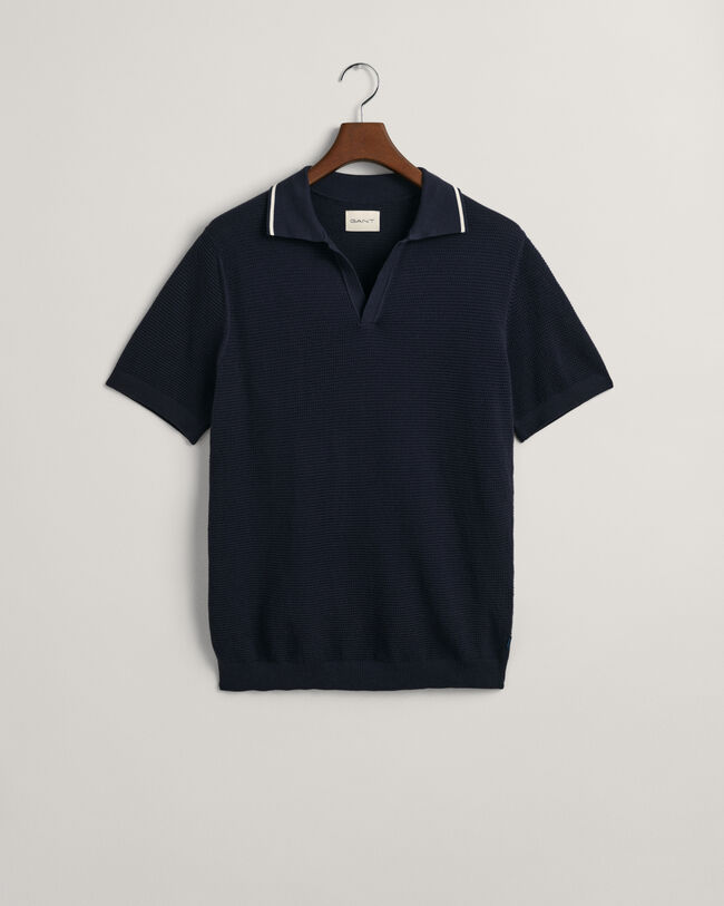 Tekstureret polosweater af bomuld med åben krave