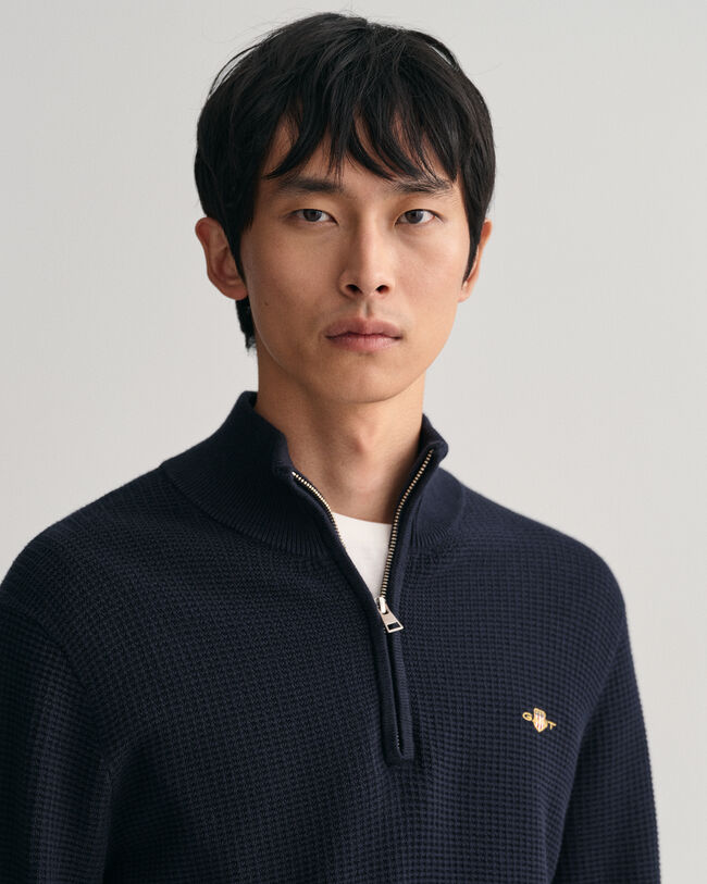 Tekstureret sweater af bomuld med halv lynlås