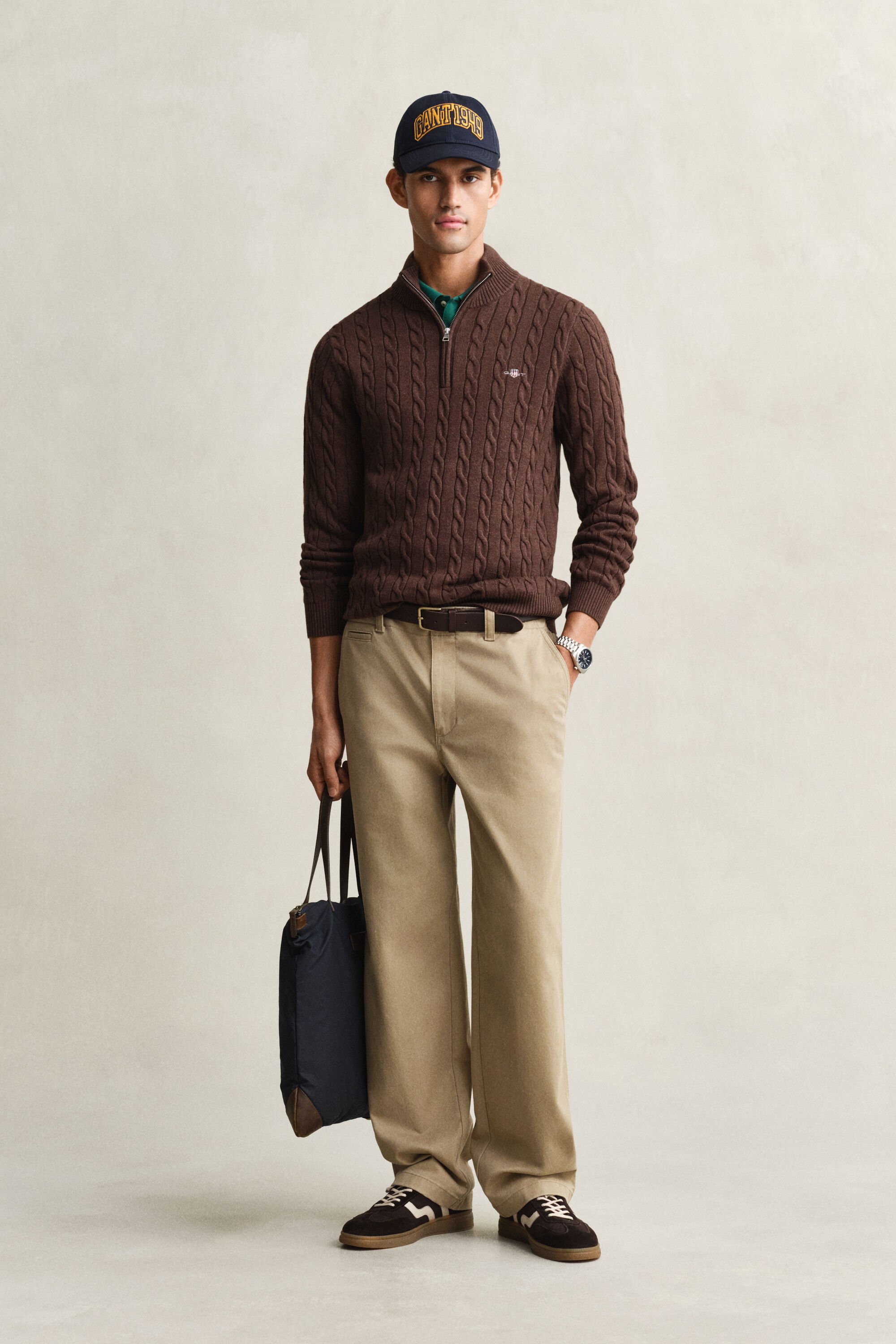 Kabelstrikket sweater af bomuld med halv lynlås