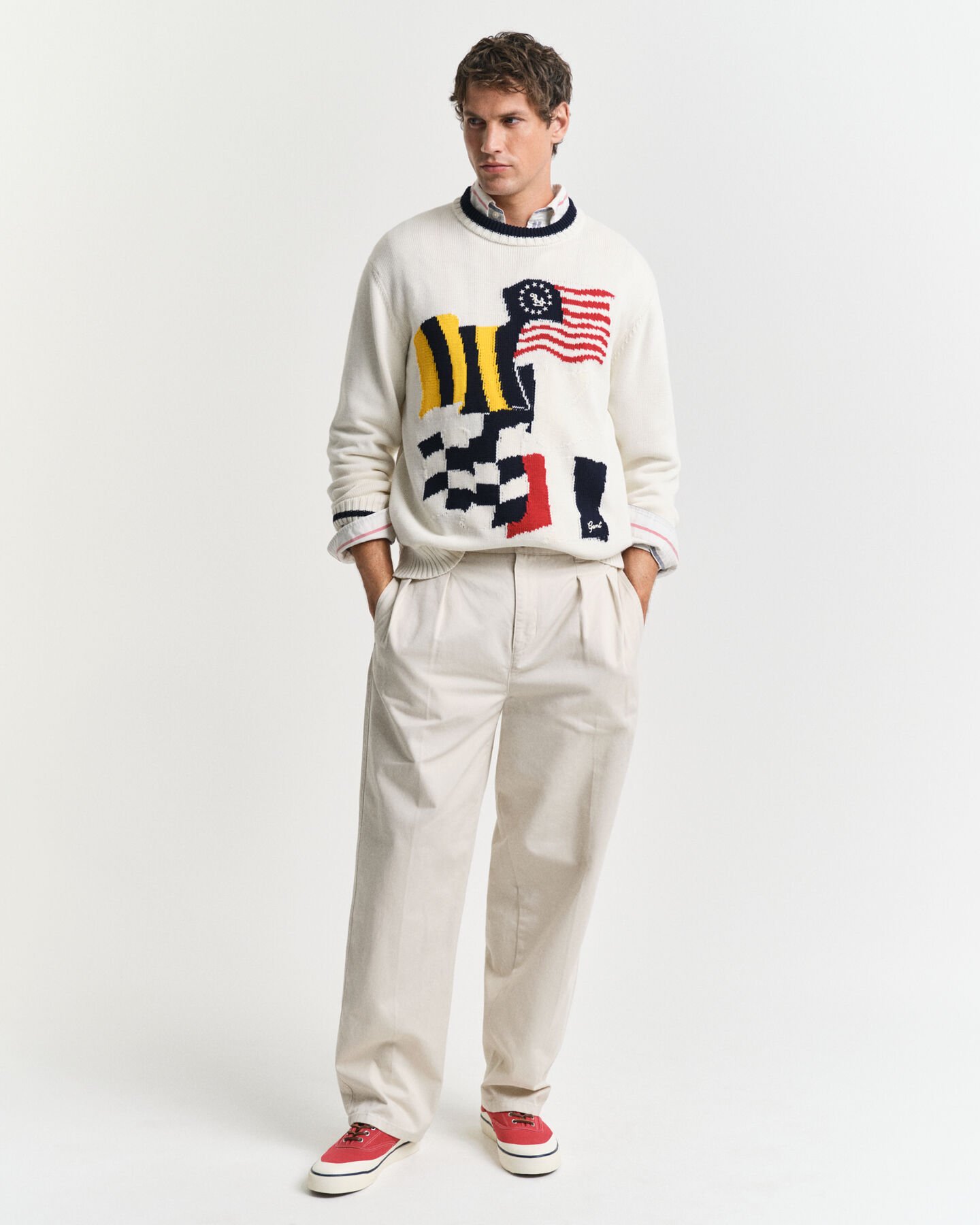 Flag intarsia crewneck sweater i bomuld